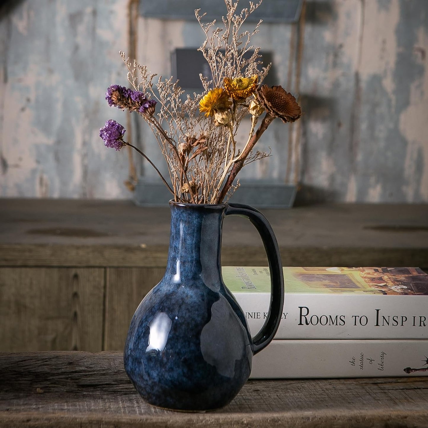 Blue Ceramic Vase with Big Handles, Modern Farmhouse Decor, Rustic Pottery for Flowers, Decorative Terracotta Centerpiece for Dining Table