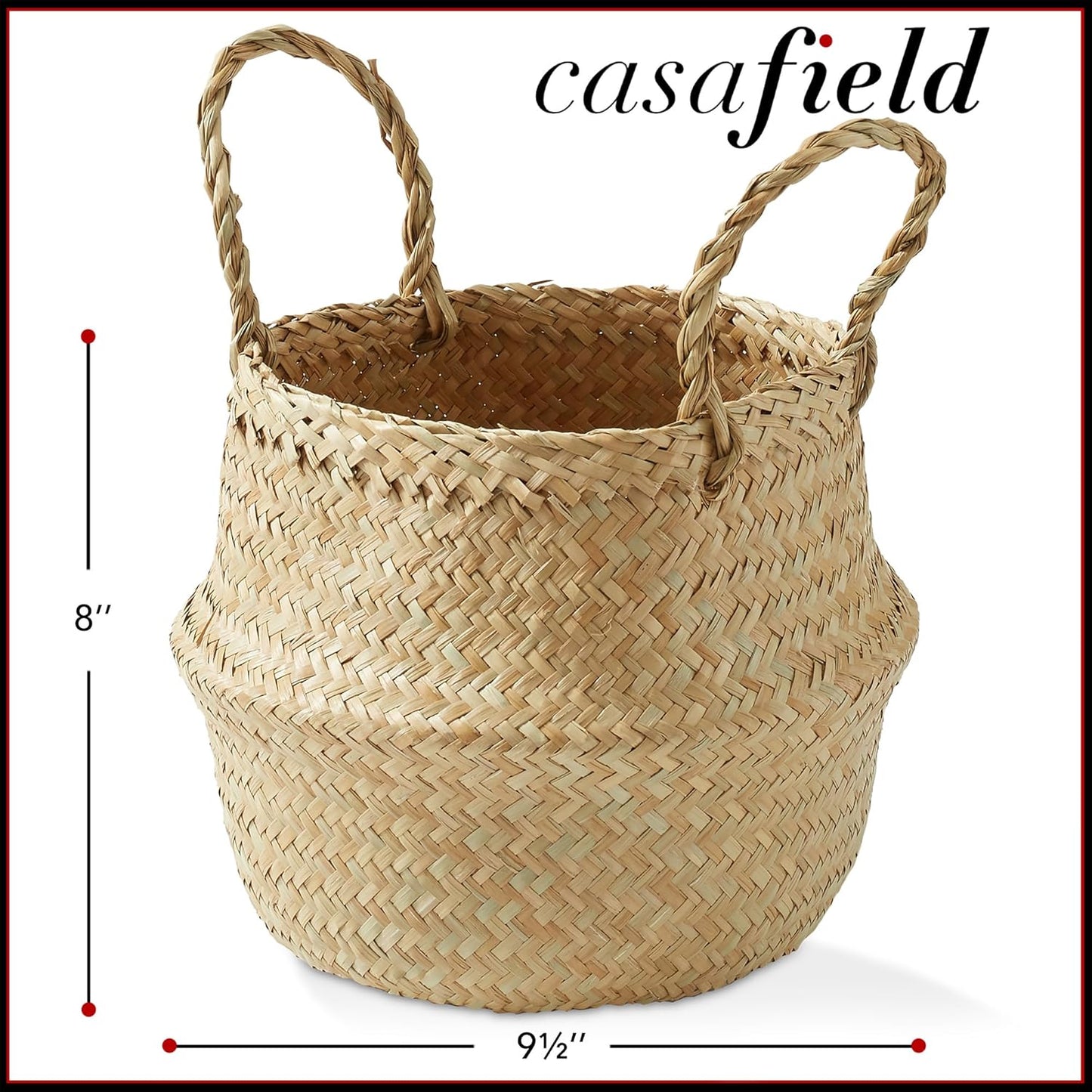 Casafield Seagrass Belly Storage Basket Planter with Handles - Small, Natural Woven Wicker Indoor Plant Pot Cover for Plants and Trees
