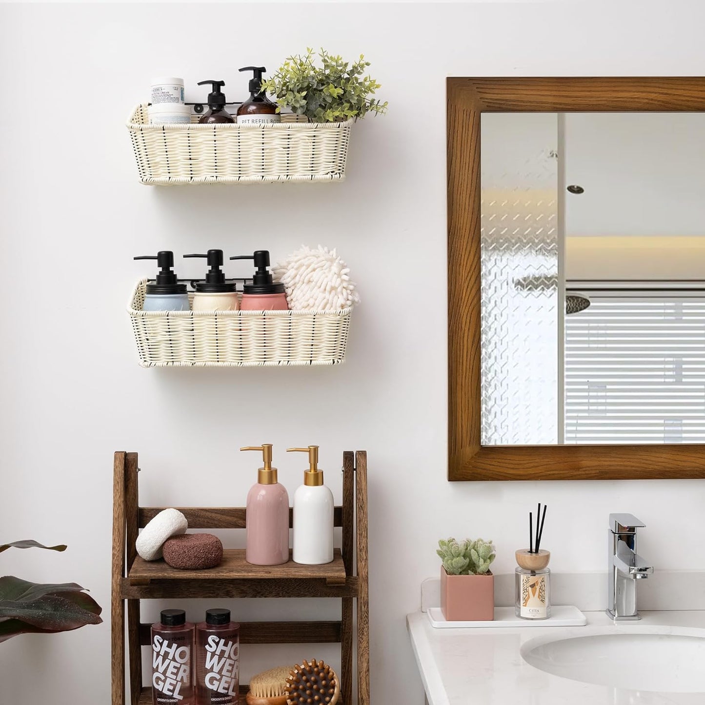 GRANNY SAYS Wicker Hanging Basket, 2 Pack Storage Baskets for Organizing, Adhesive Wall Mount Fruit Basket, Kitchen Organization Hanging Shelves, Storage Cabinet Door Organizer, Off White