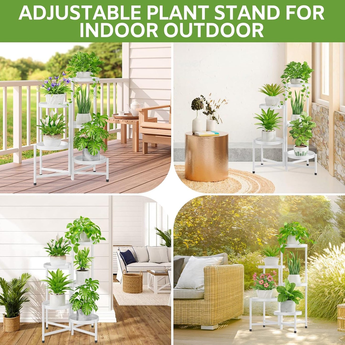 iDavosic.ly 5 Tier Large Plant Stand Indoor with 10 Inch Wide Tray, Tiered Corner Metal Outdoor Flower Display Holder Shelf, Folding Tall Rack for Patio Porch Living Room, White