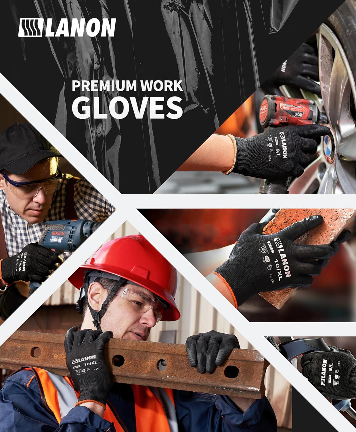 LANON Safety Work Gloves for Men and Women, 18 Pairs Mechanic Black Working Gloves with Grip Odorless PU Coated, Seamless Knit, Full Fingertip Touchscreen for Light Duty Working Gloves, Medium