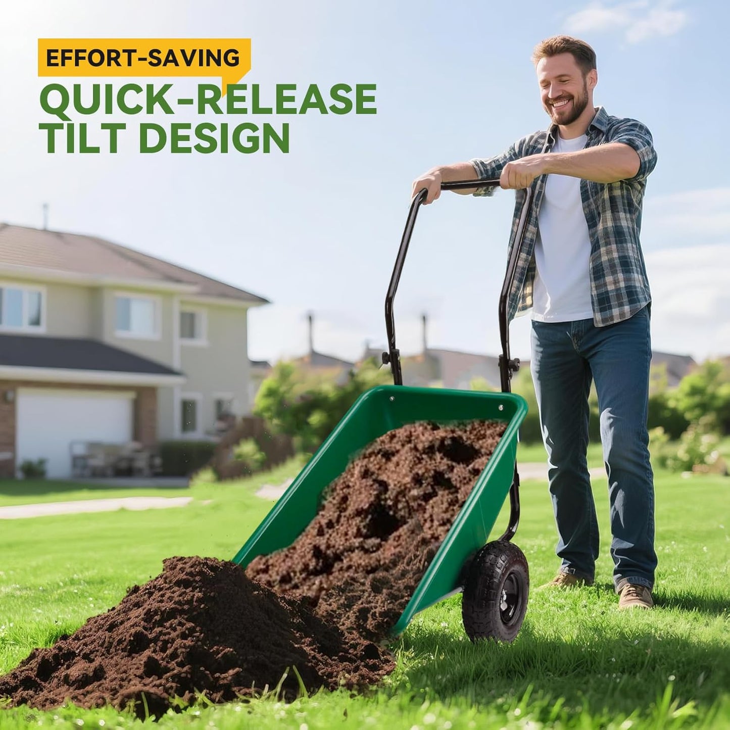 Folding Dual-Wheel Wheelbarrow,Heavy-Duty 330 LB Garden cart,10 inch Air-Filled Tires,Home Garden Yard Utility for Outdoor Lawn Yard Farm Ranch(Green)