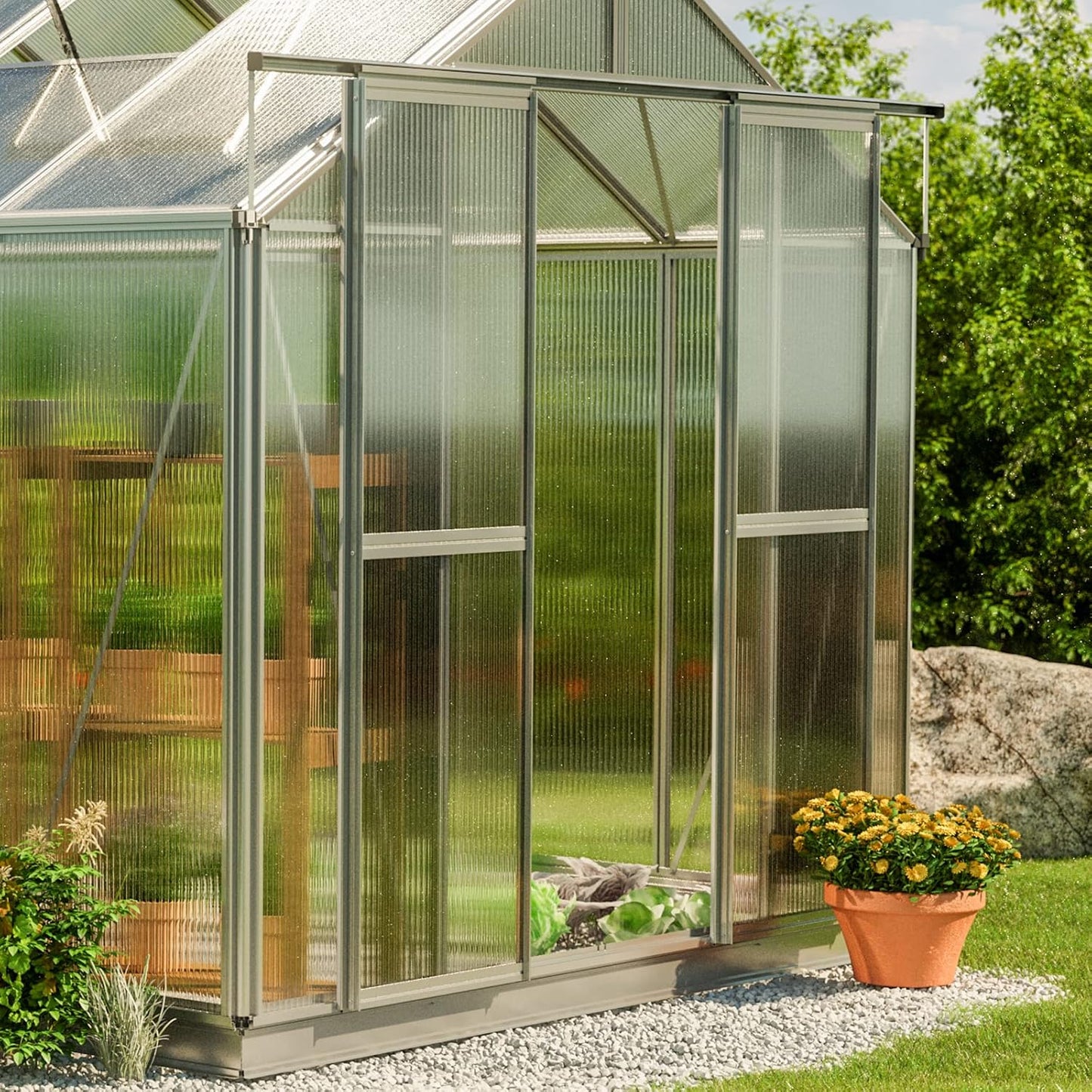 Greenhouse Saphir 5 Aluminum Frame 8.5 x 10.6 ft Approx. 6 mm Polycarbonate Panels - with Bonus Base Frame and Automatic Vent Opener