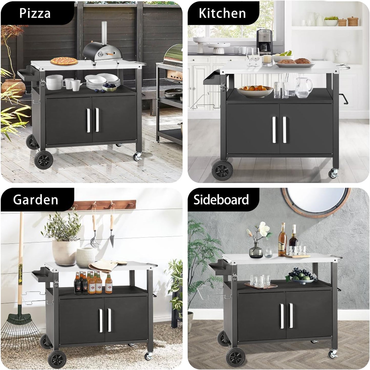 Grill Cart Table with Big Storage Cabinet, Movable Outdoor Dining Cart Pizza Oven Stand, Kitchen Cart Island Multifunction Food Prep Table Stainless Steel Surface