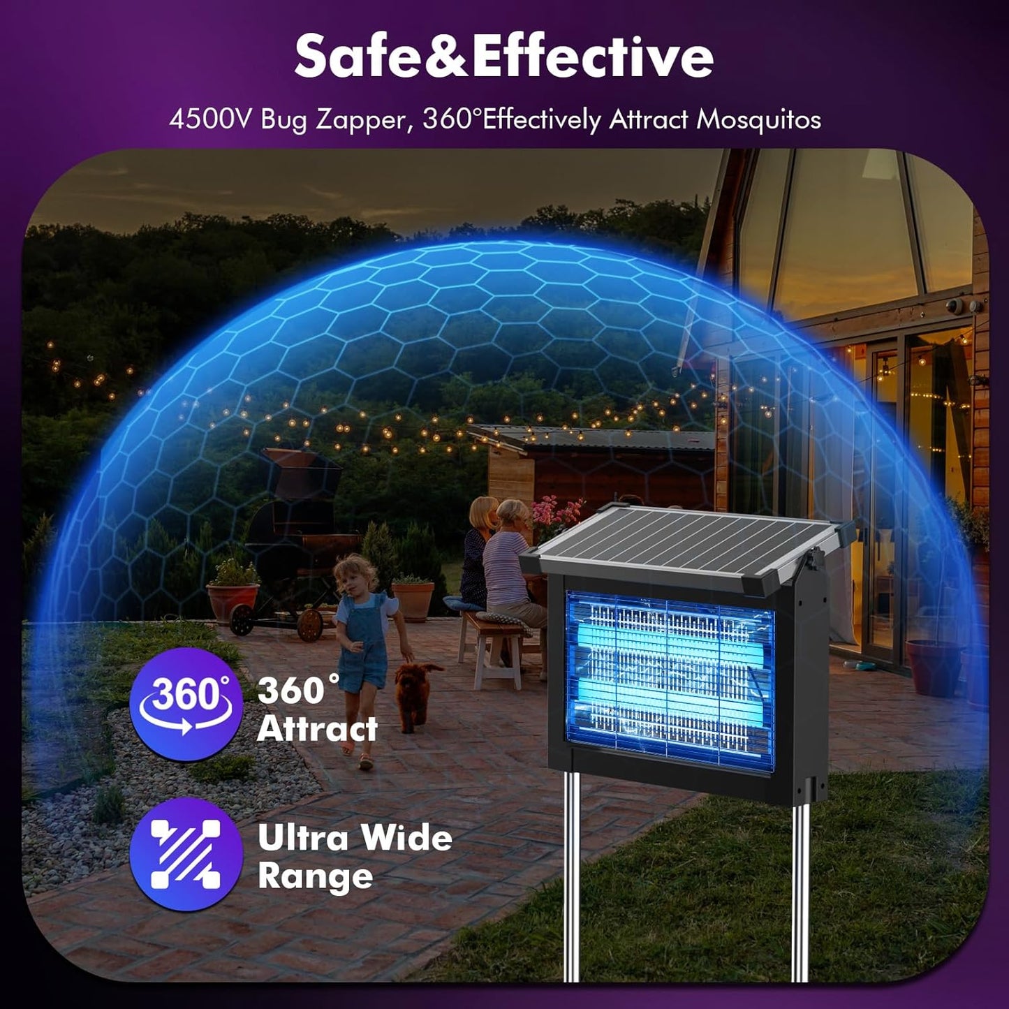 OKK Solar Bug Zapper Outdoor 4500V, Mosquito Zapper Waterproof Electric Fly Zapper with 10W Solar Panel, Rechargeable Mosquito Killer Lamp, Cordless Fly Trap for Patios, Gardens, Camping, Backyard