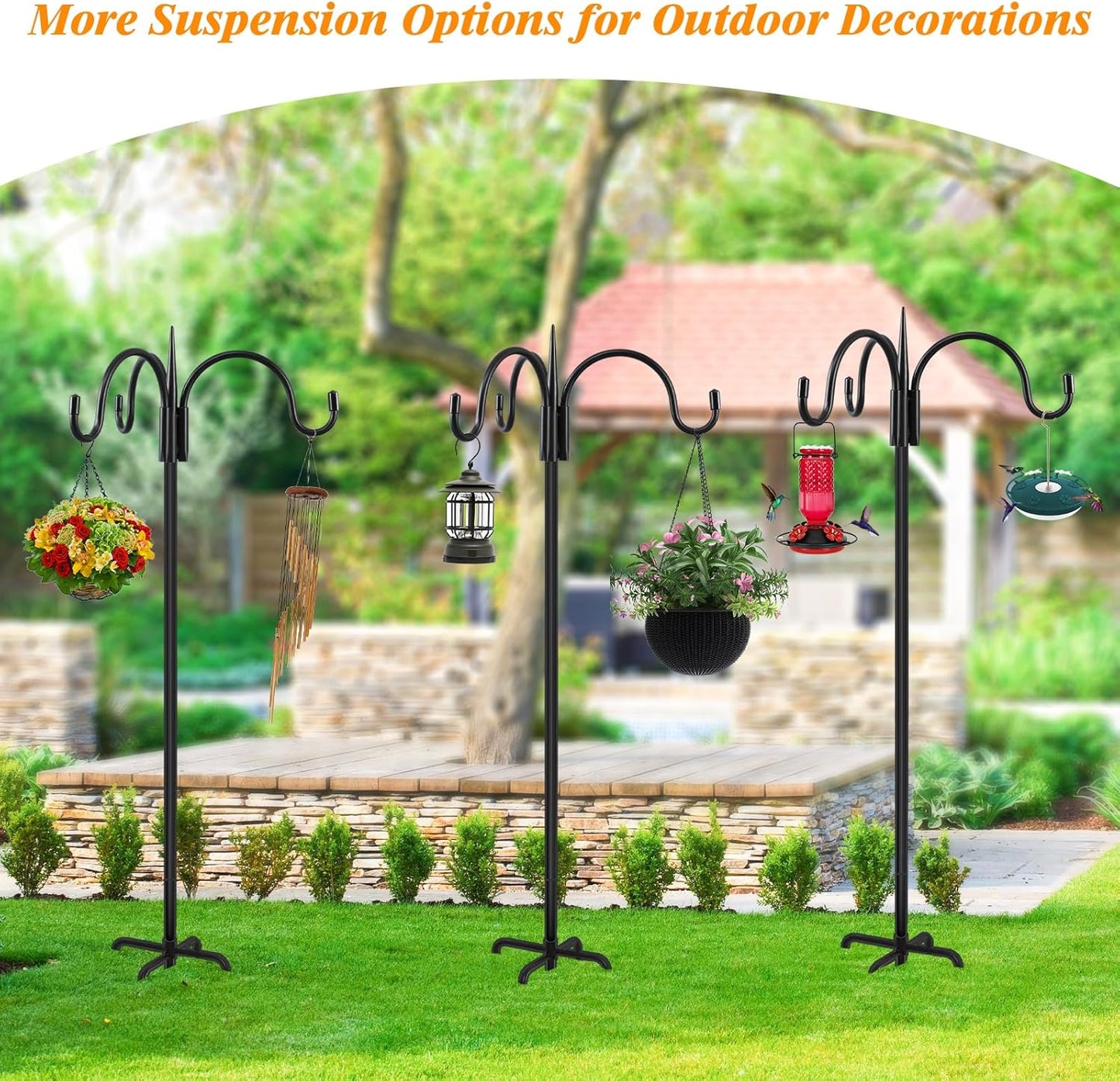 FEED GARDEN [Upgrade Version 92 Inch Three Shepherd Hooks for Outdoor,Bird Feeder Pole with 5 Prong Base, Adjustable Shepard Hooks for Hanging Plant, Solar Lanterns, Wind Chimes, 2 Pack