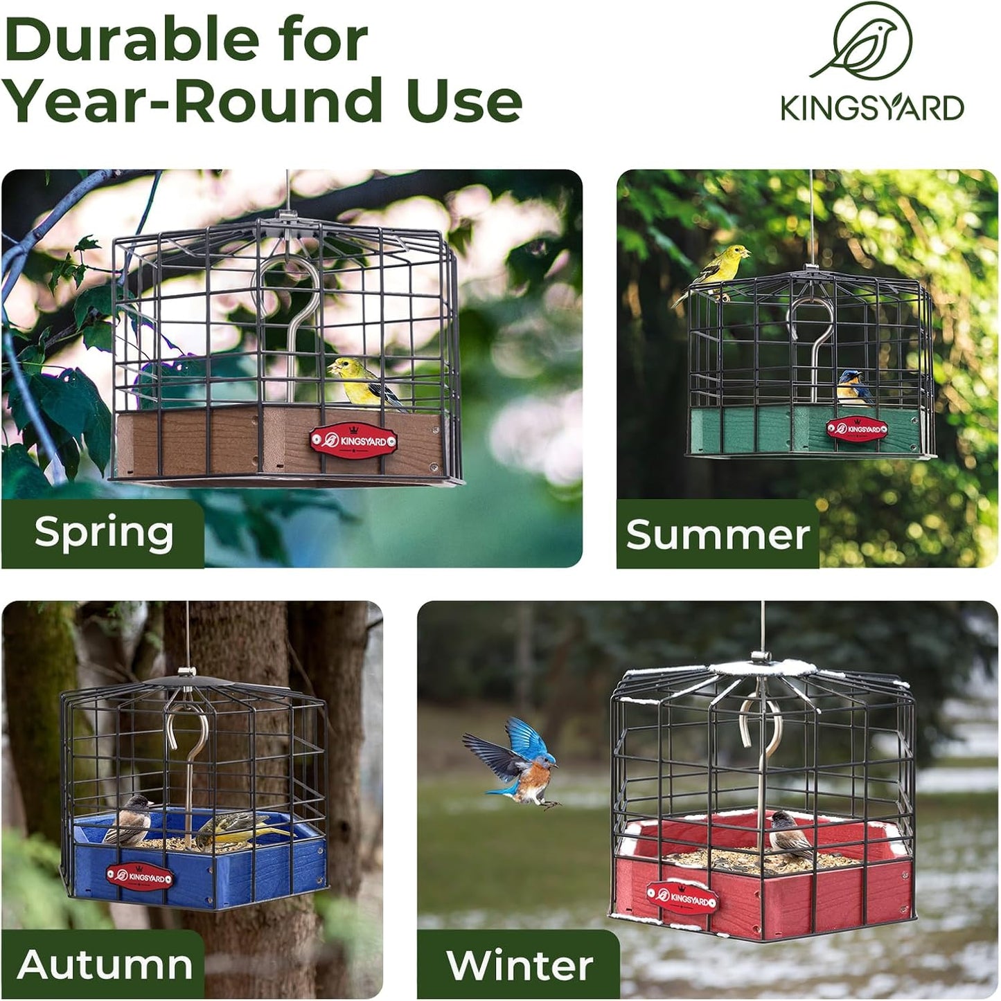 Kingsyard Squirrel Proof Platform Bird Feeders for Outdoor Hanging, Caged Bird Feeder for Small Wildbirds Finches, Recycled Plastic Feeding Platform with Metal Seed Tray, Brown