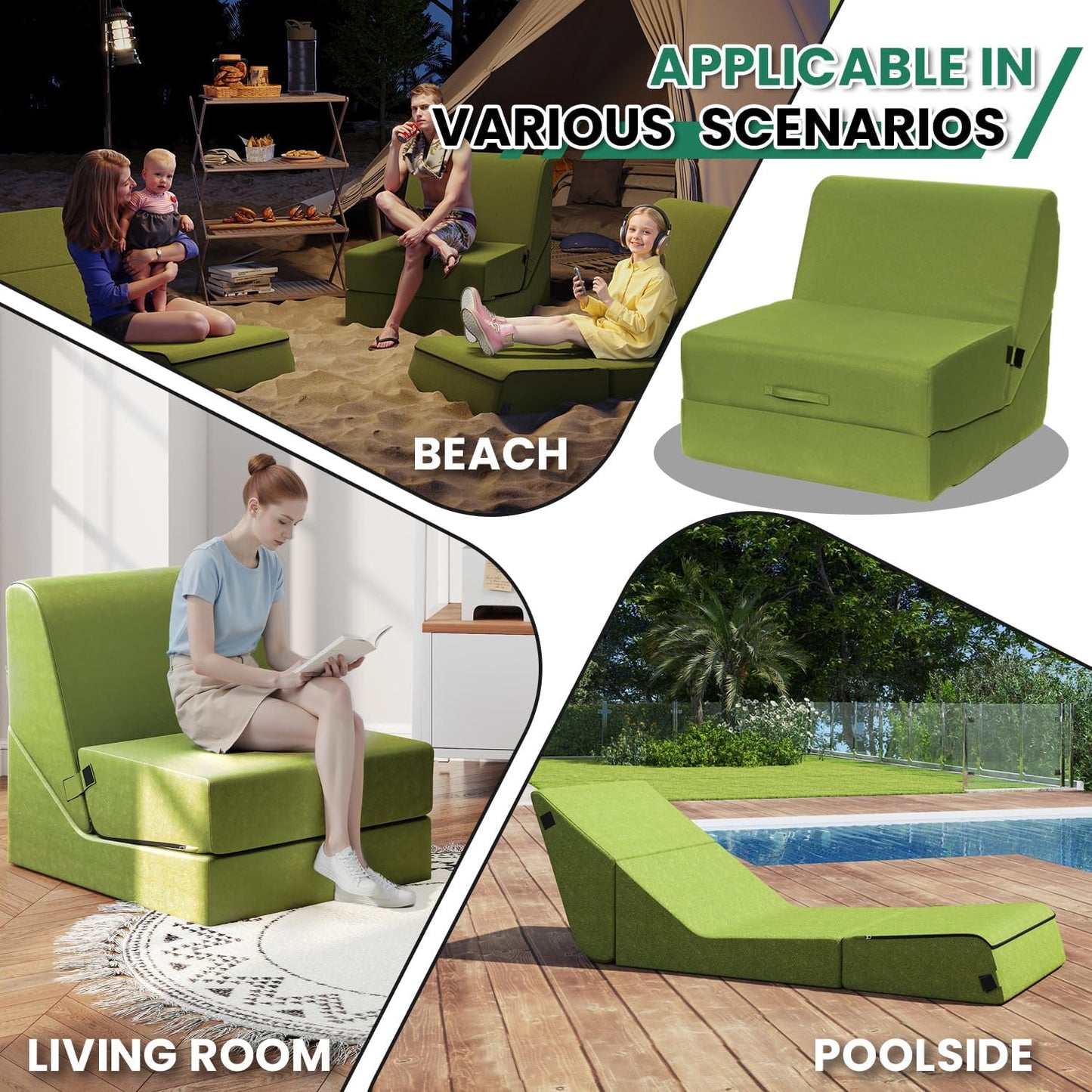 jela Outdoor Chaise Lounge, Waterproof Folding Sofa Bed Lounge Chair, UV Resistant Folding Lounge Chair with Machine Washable Cover, Soft Foam Patio Sofa Chairs Pool Lounge Chaise Chairs (Green)
