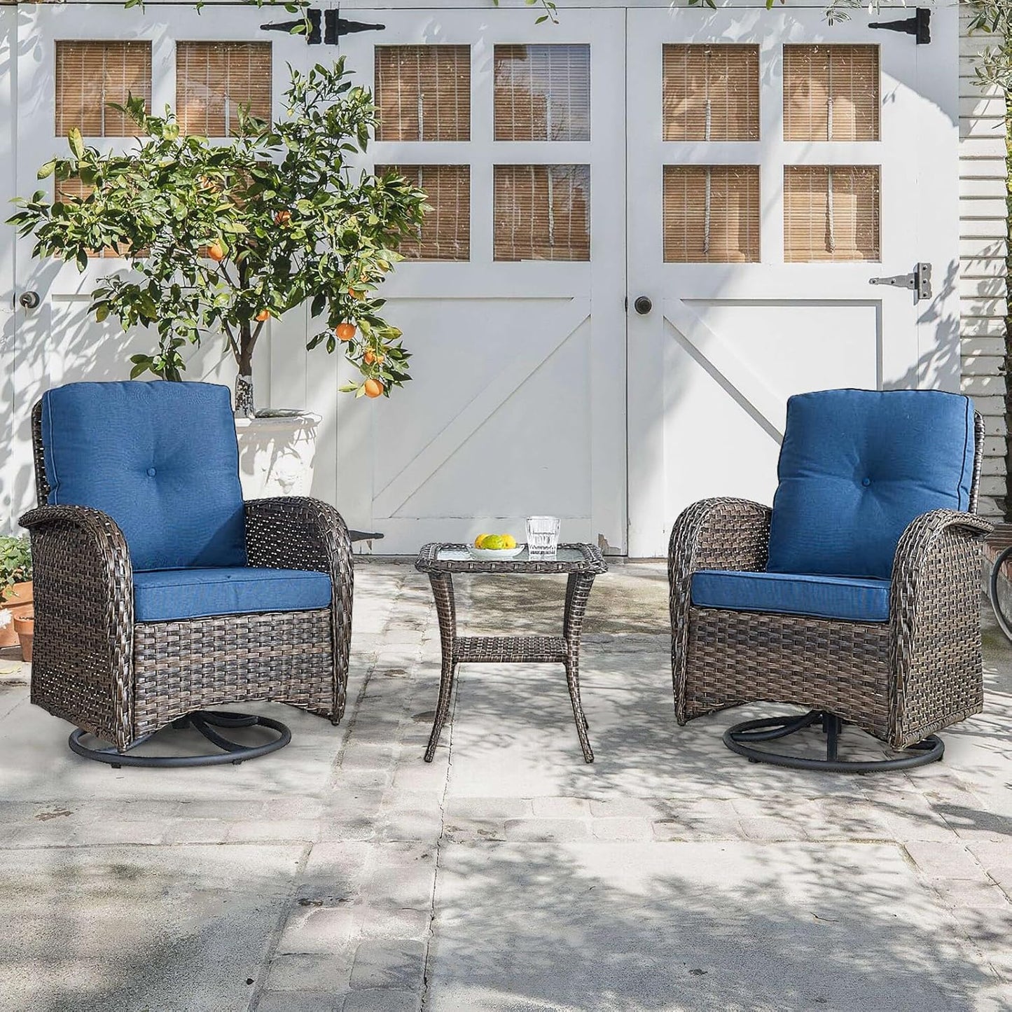 HUMMUH Outdoor Swivel Chairs,3 Pieces Patio Furniture Set with 360 Degree Wicker Swivel Rocking Chairs and Side Table for Garden,Porch,Backyard (Brown/Blue)