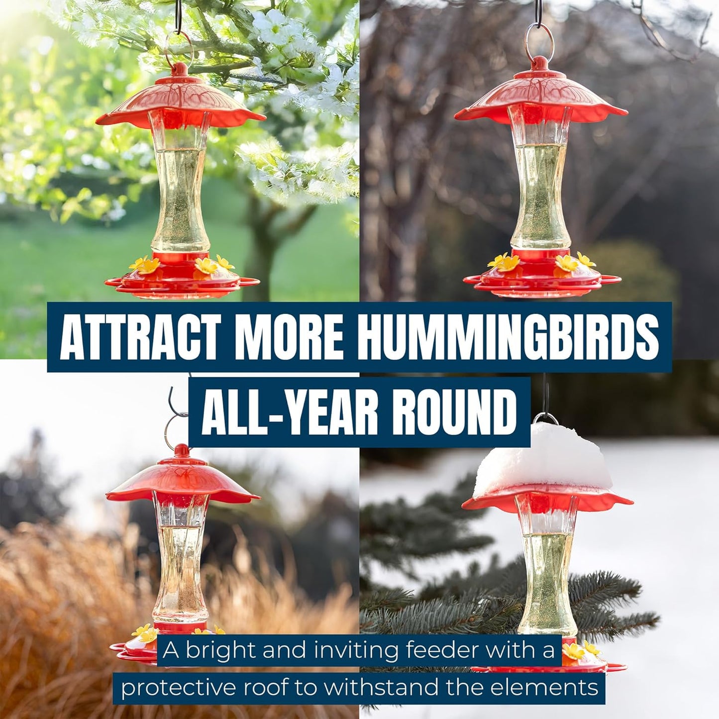 MEKKAPRO Hummingbird Feeders for Outdoors Glass - Red Hummingbird Feeders for Outdoors, Metal Ring, Bee-Proof Design, Easy Assembly, Red Hummingbird Feeder 10 oz (2-Pack)