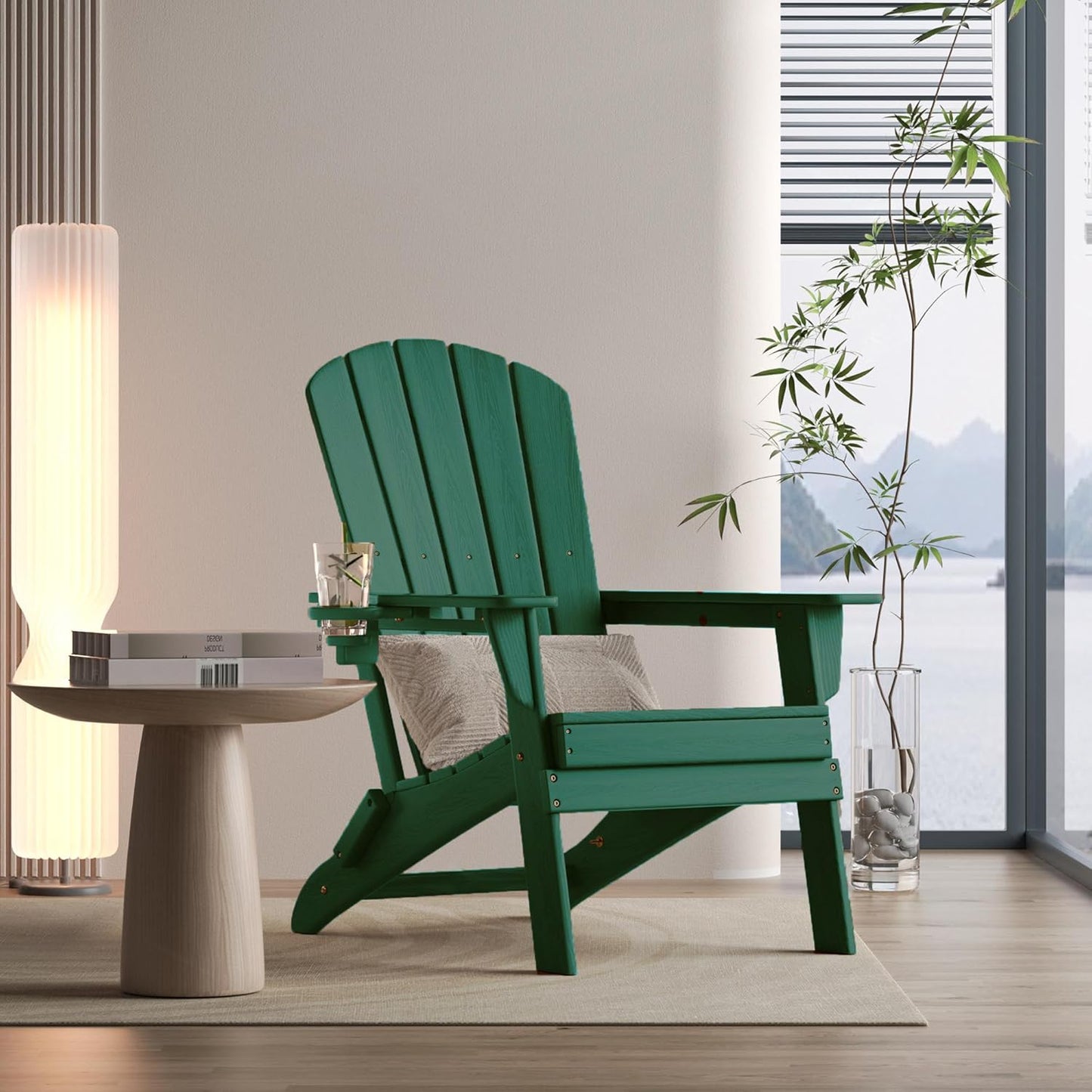 Folding Adirondack Chair - Extended Ergonomic Backrest, Cup Holder - Easy Assembly - Durable HDPE Plastic, Weather Resistant & Maintenance-Free - Lawn, Patio, Deck Supports 400lbs Green