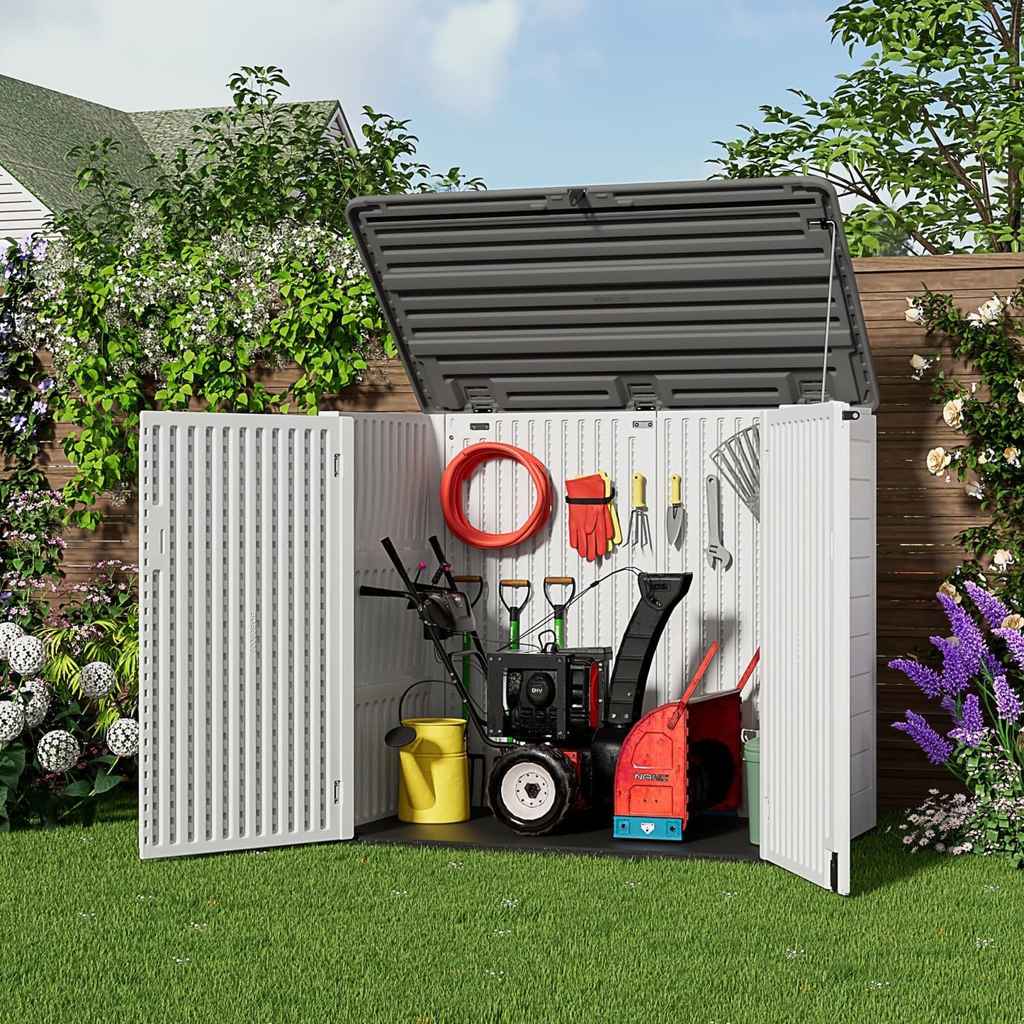 ZZM Large Outdoor Storage Shed, 48 Cu Ft Resin Versatile Storage Cabinet for Patio Accessories, Trash Cans & Garden Tools, Durable Horizontal Storage Box with Lockable Lid (White)