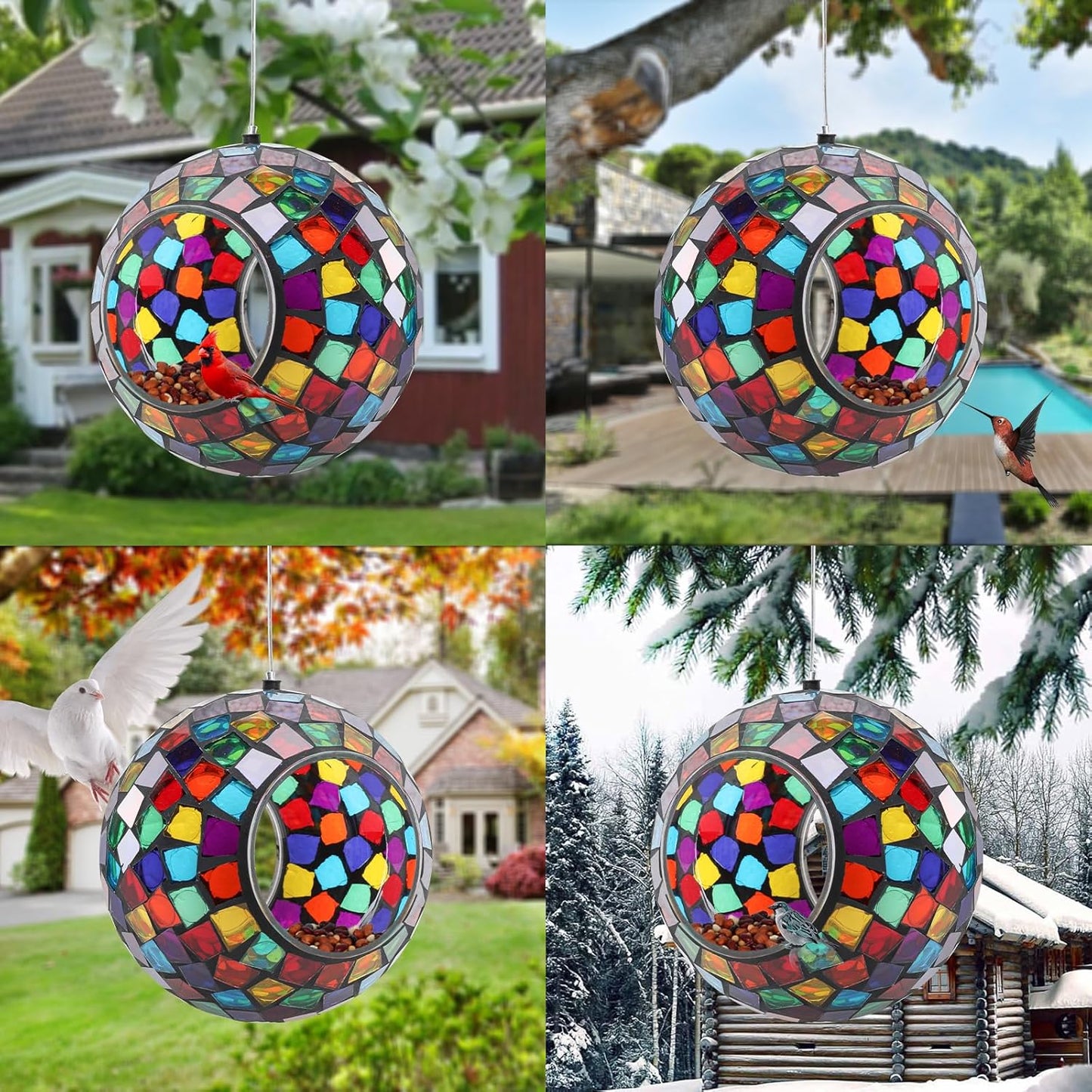 Yinns Mosaic Bird Feeder, Hanging Glass Birds Feeder, Fly Through Bird Feeder with Oval Stained Glass, Outdoor Garden Decor, 6.5 inch Purple