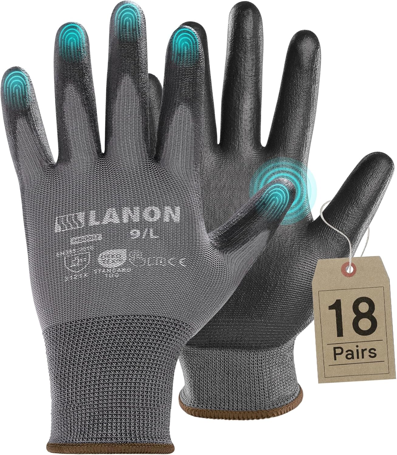 LANON 18 Pairs Safety Work Gloves, Mechanic Working Gloves for Men,Breathable PU Coated, Seamless Knit,Double Wash, Grey, Large