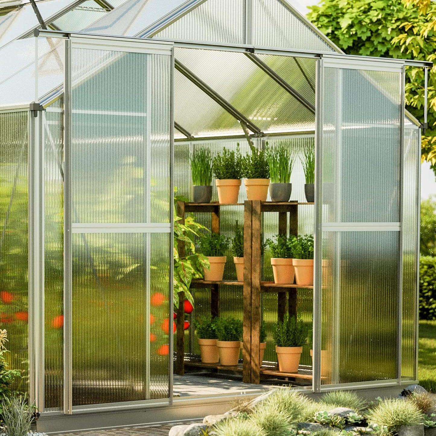 Greenhouse Topas 2 Aluminum Frame 7.4 x 4.4 ft Approx. 8 mm Polycarbonate Panels - with Bonus Base Frame and Automatic Vent Opener