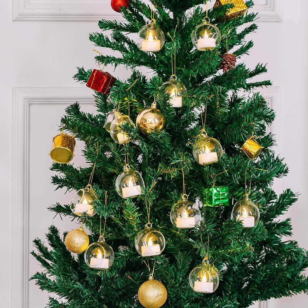 Sziqiqi Hanging Glass Globes Orbs Tea Light Candle Holders with Flameless LED Tealight for Wedding Ornaments, Wedding Birthday Christmas Party Centerpiece Accessory 2.36inch 100pcs +8 Extra