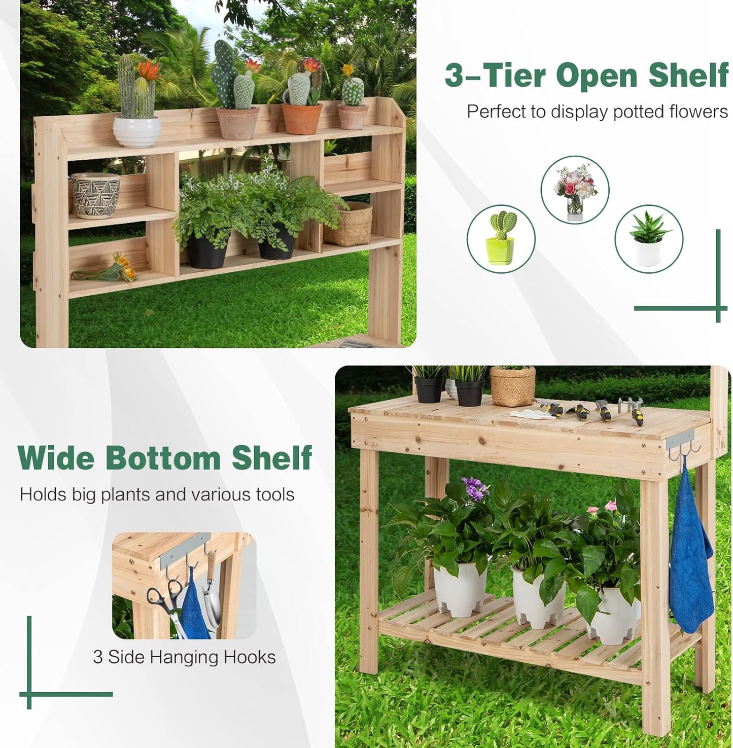 HAPPYGRILL Potting Bench Table, 60.5” Wood Garden Work Bench Workstation with Storage, Flip-Up Tabletop, Shelves & Hanging Hooks, Outdoor Garden Table for Patio, Lawn & Porch