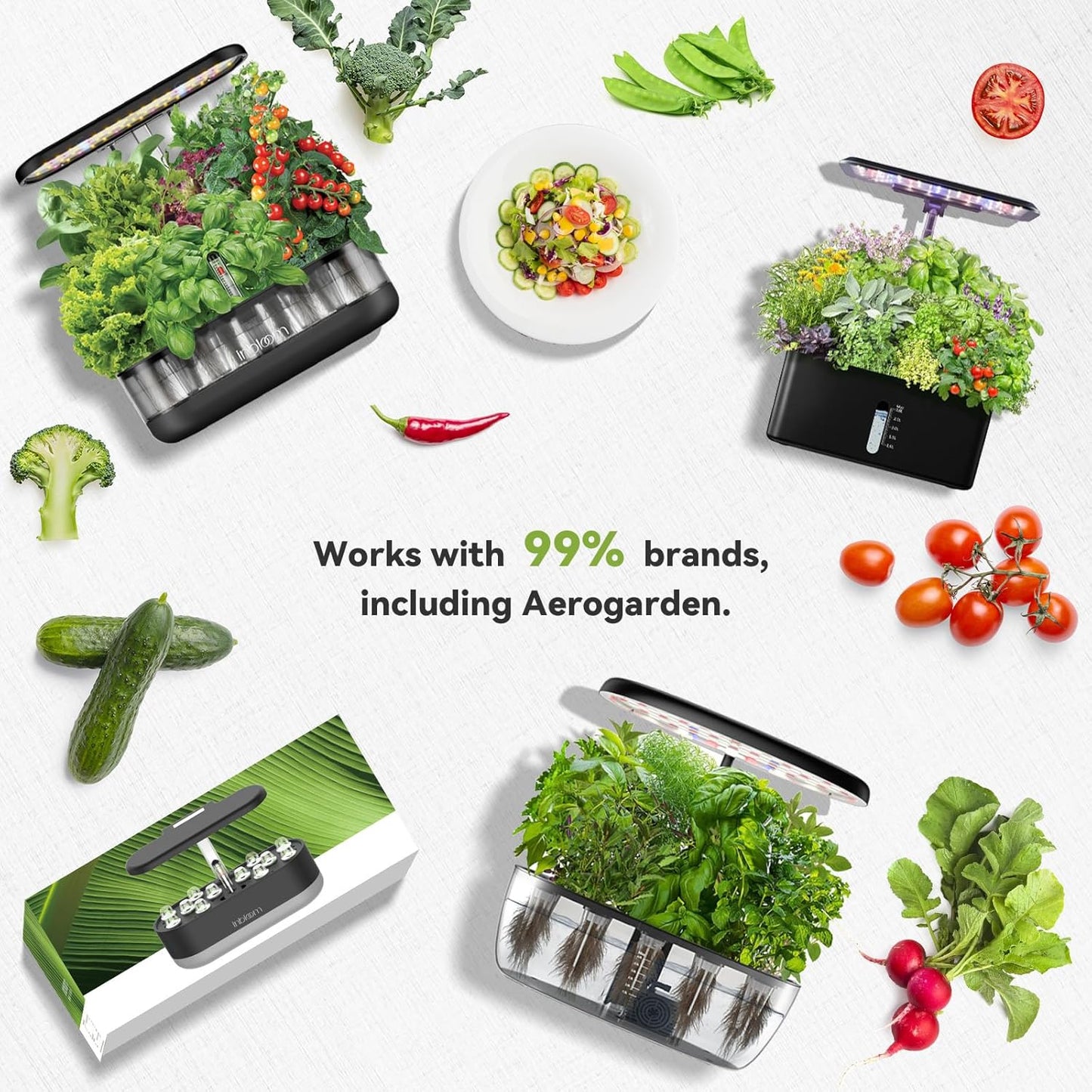 inbloom 18-Pod Vegetable Seed Pod Kit for AeroGarden, Ahopegarden, Gardencube Hydroponic Garden with 350+ Seed: Strawberry, Cucumber, Green Pepper, Cherry Tomato, Radish, Dwarf Pea – Mothers Day Gift