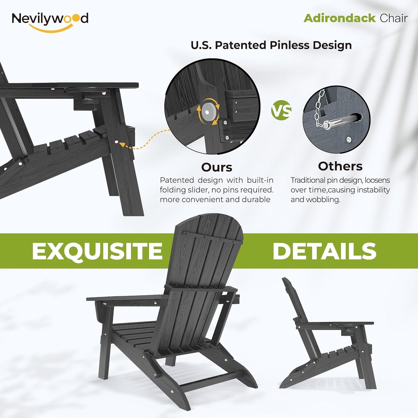 Folding Adirondack Chair - Extended Ergonomic Backrest, Cup Holder - Easy Assembly - Durable HDPE Plastic, Weather Resistant & Maintenance-Free - Lawn, Patio, Deck Supports 380lbs Black