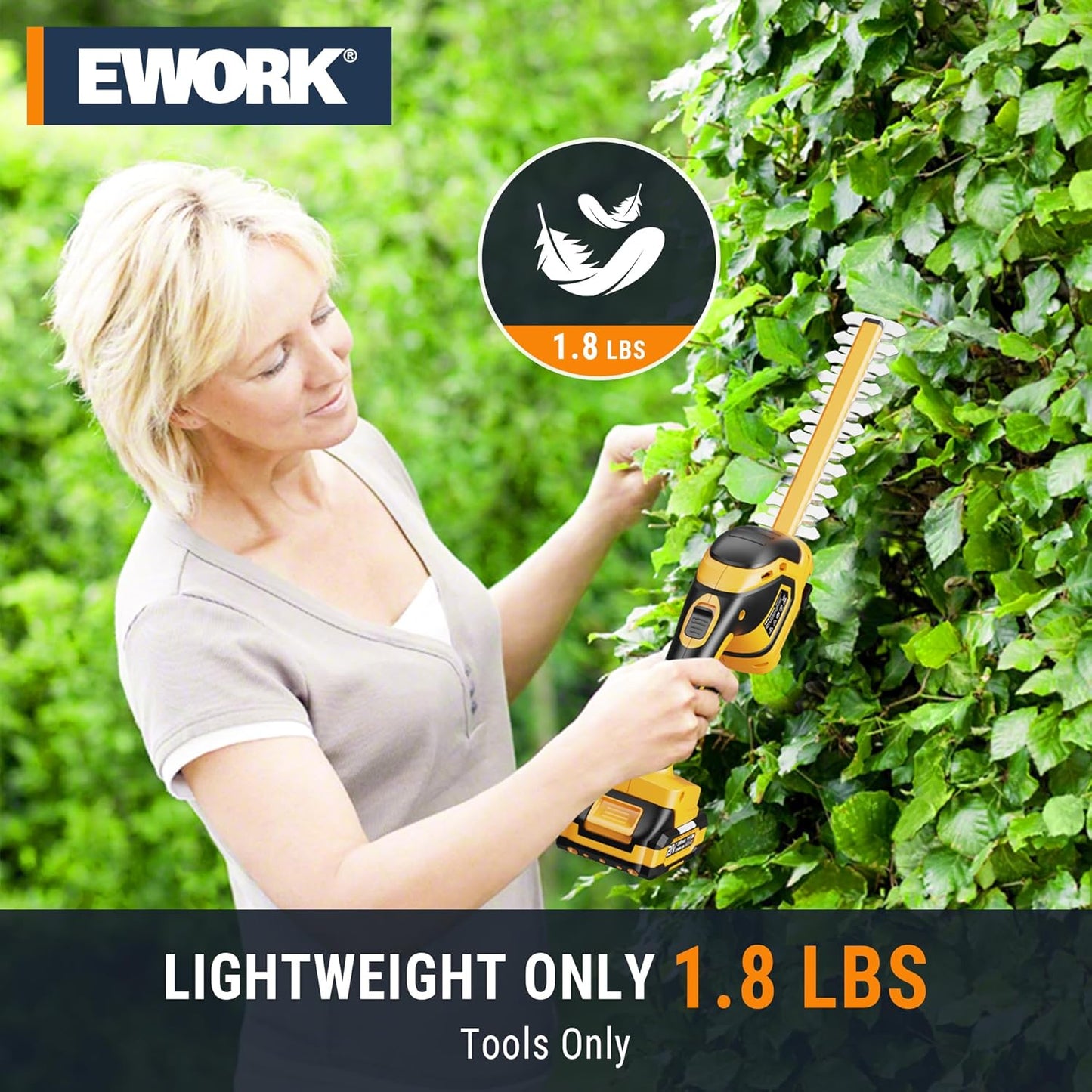EWORK 21V Cordless Hedge Trimmer & Grass Shears 2-in-1 Handheld Small Electric Bush Trimmer with 2.0Ah Battery and Charger, Battery Powered Shrub Trimmer for Garden, Yard, Lawn Maintenance