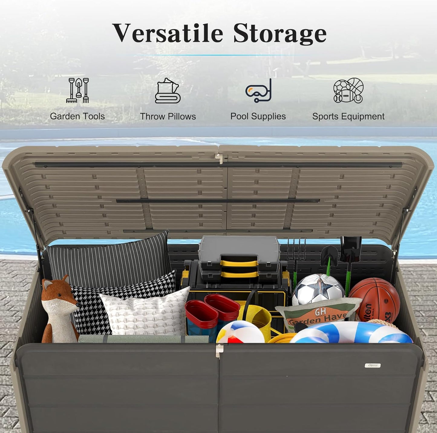 Domi 200 Gallon Resin Deck Box, Waterproof & UV-Resistant Outdoor Large Storage Box Lockable Storage Bin for Patio Cushions Pool Supplies Garden Tools and Delivery Storage