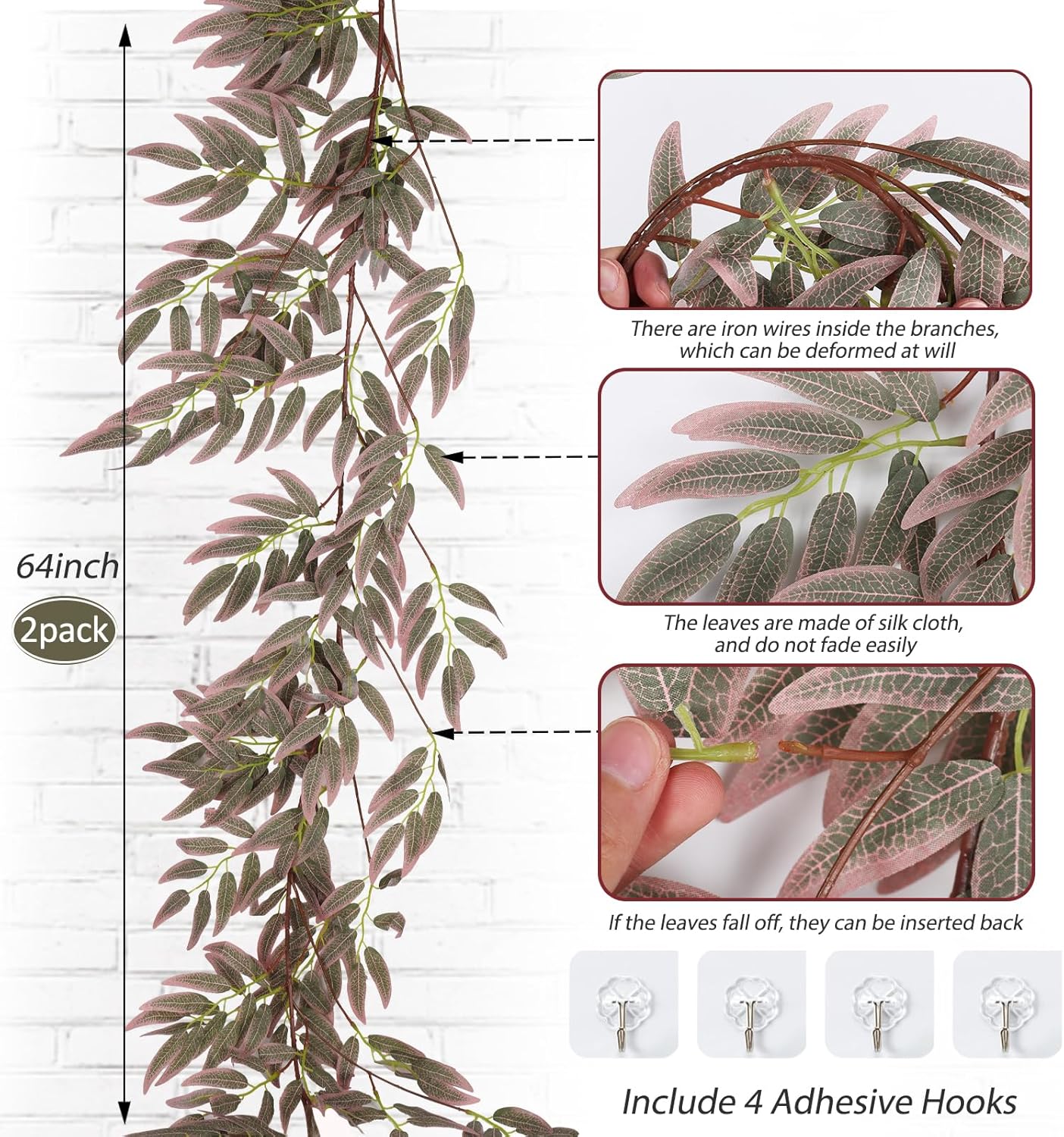 RECUTMS Artificial Hanging Willow Leaves Greenery 2Pcs 5.7Ft Fake Silk Leaves Ivy Garland Faux Vine Plants Decoration for Indoor Outdoor Home Garden Wedding Jungle Birthday Party Table Spring Decor