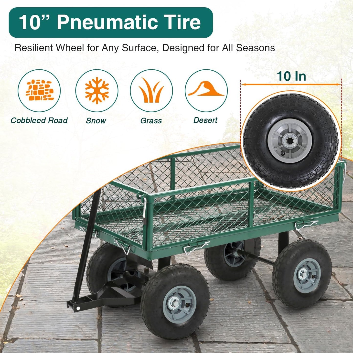FDW Garden Cart Streel Heavy Duty 500 LBS Capacity,Utility Cart Wagon with Removable Sides and 180°Rotating Handle for Yard, Lawn and Garden Hauler (Green)