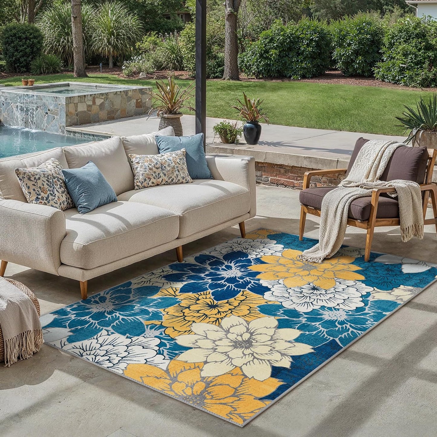 GENIMO Indoor Outdoor Area Rug 5' X 7' Waterproof, Washable Patio Rug Non Shedding, Easy Cleaning Floral Outdoor Carpet for Living Room, Bedroom, Dining Room, Balcony, Backyard, Deck, RV, Blue