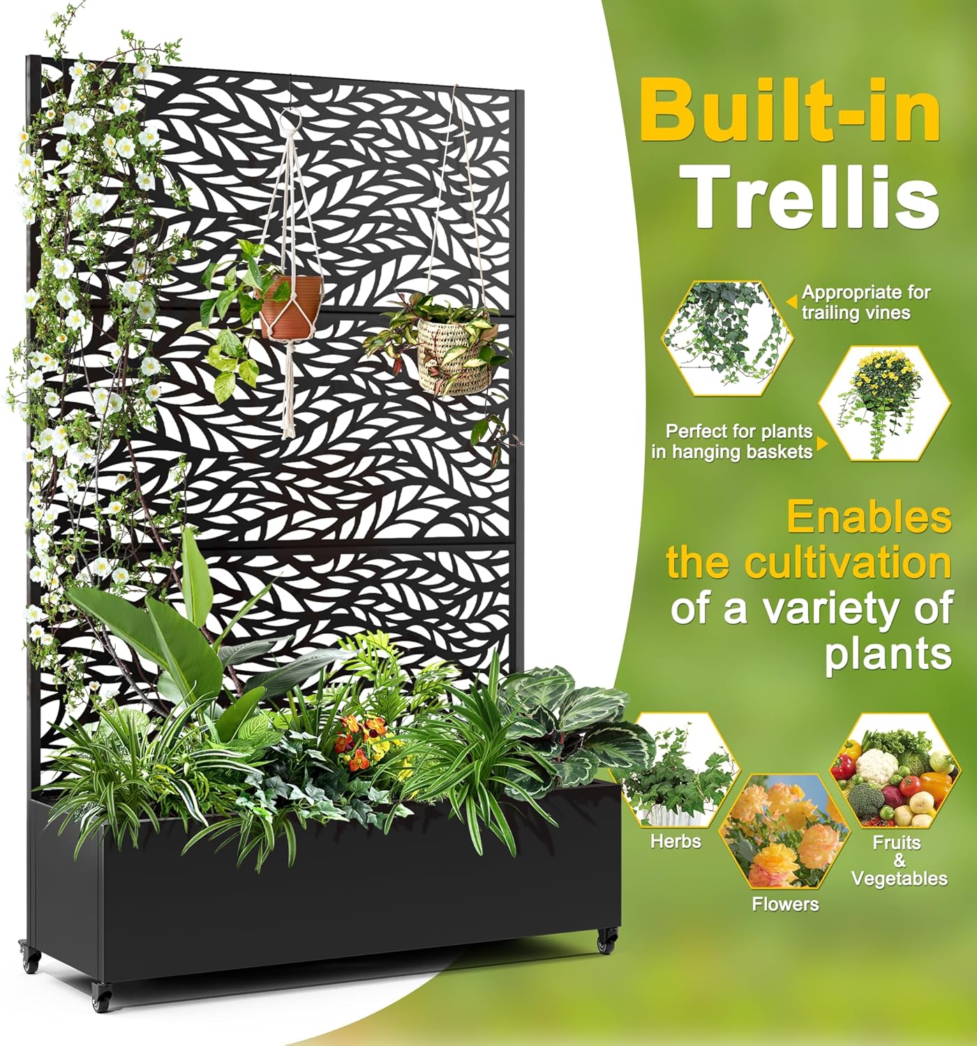 FENCY Metal Raised Garden Bed with Wheels and Trellis,73"x47"x16" Planter Box for Climbing Plants, Vegetables & Vines, Features Privacy Screen and Drainage Holes (Black-Leaf)