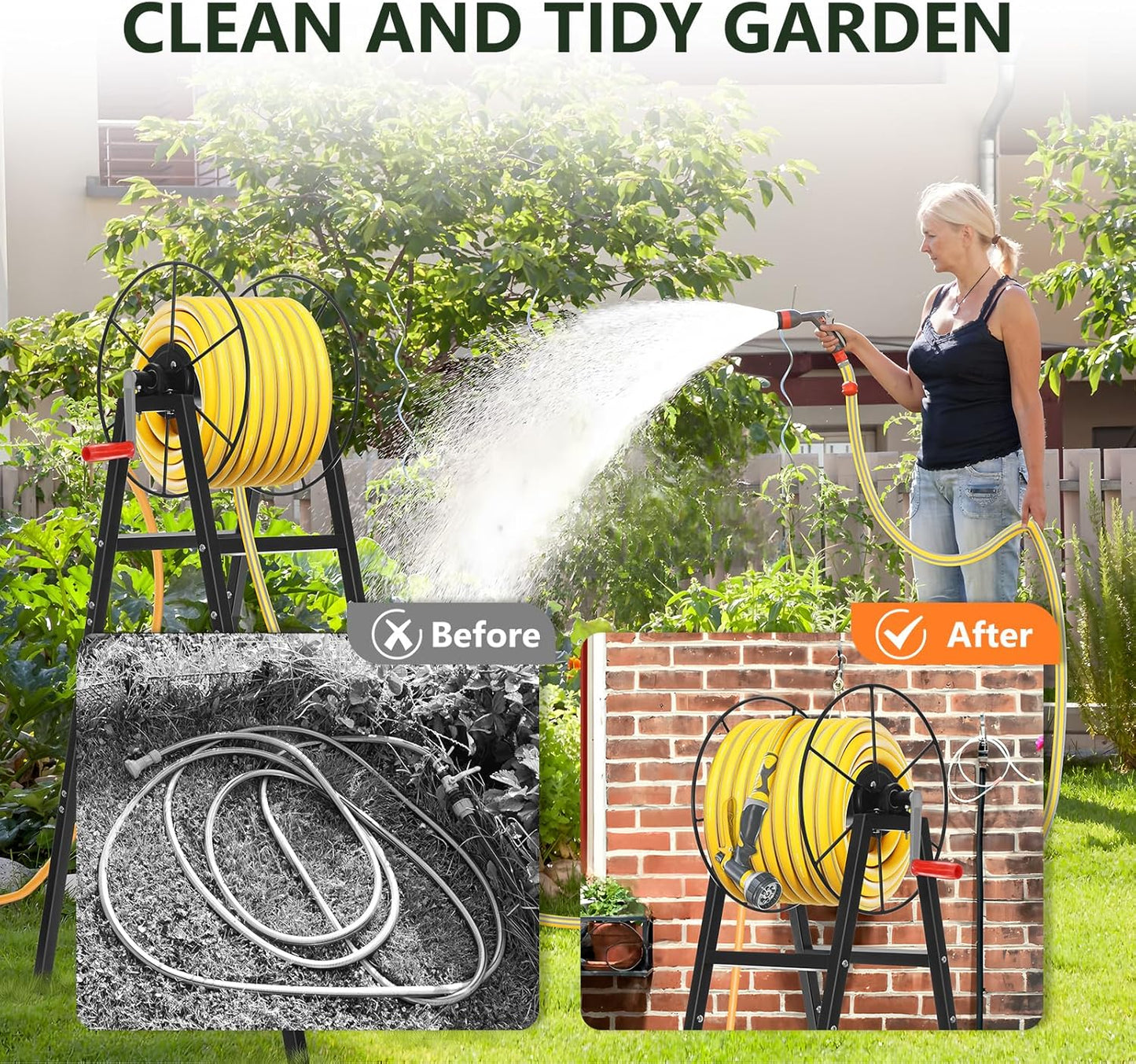 Freestanding Garden Hose Reel Holds 150 Ft Hose, Metal Garden Hose Holder for Outdoor, Garden Stand Rack for Water Pipe Organizer Storage, Black