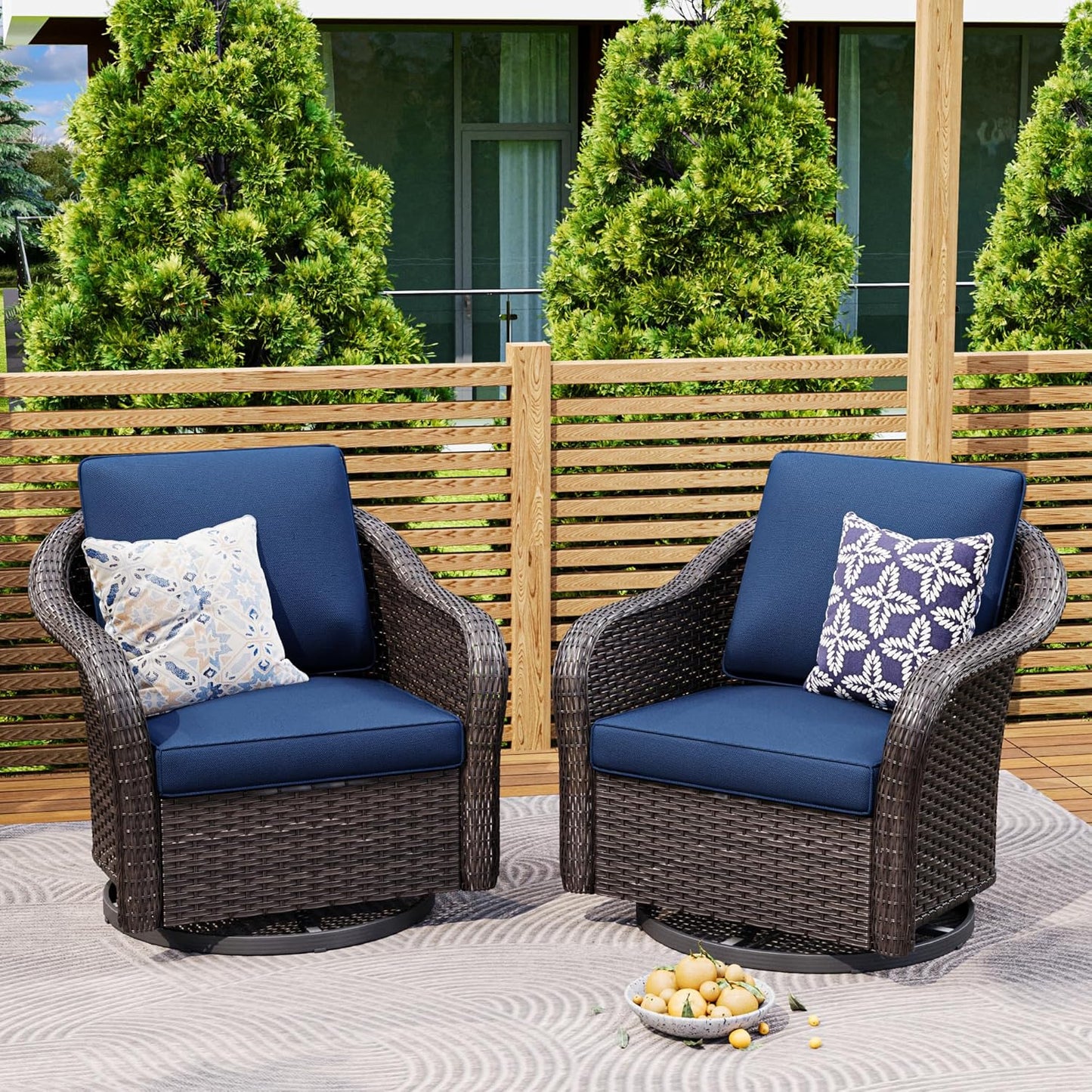 Outdoor Wicker 360 Degree Swivel Glider Rocker Chairs Set, Patio Conversation Furniture Set with Washable Cushions for Garden, Poolside (Navy Blue)