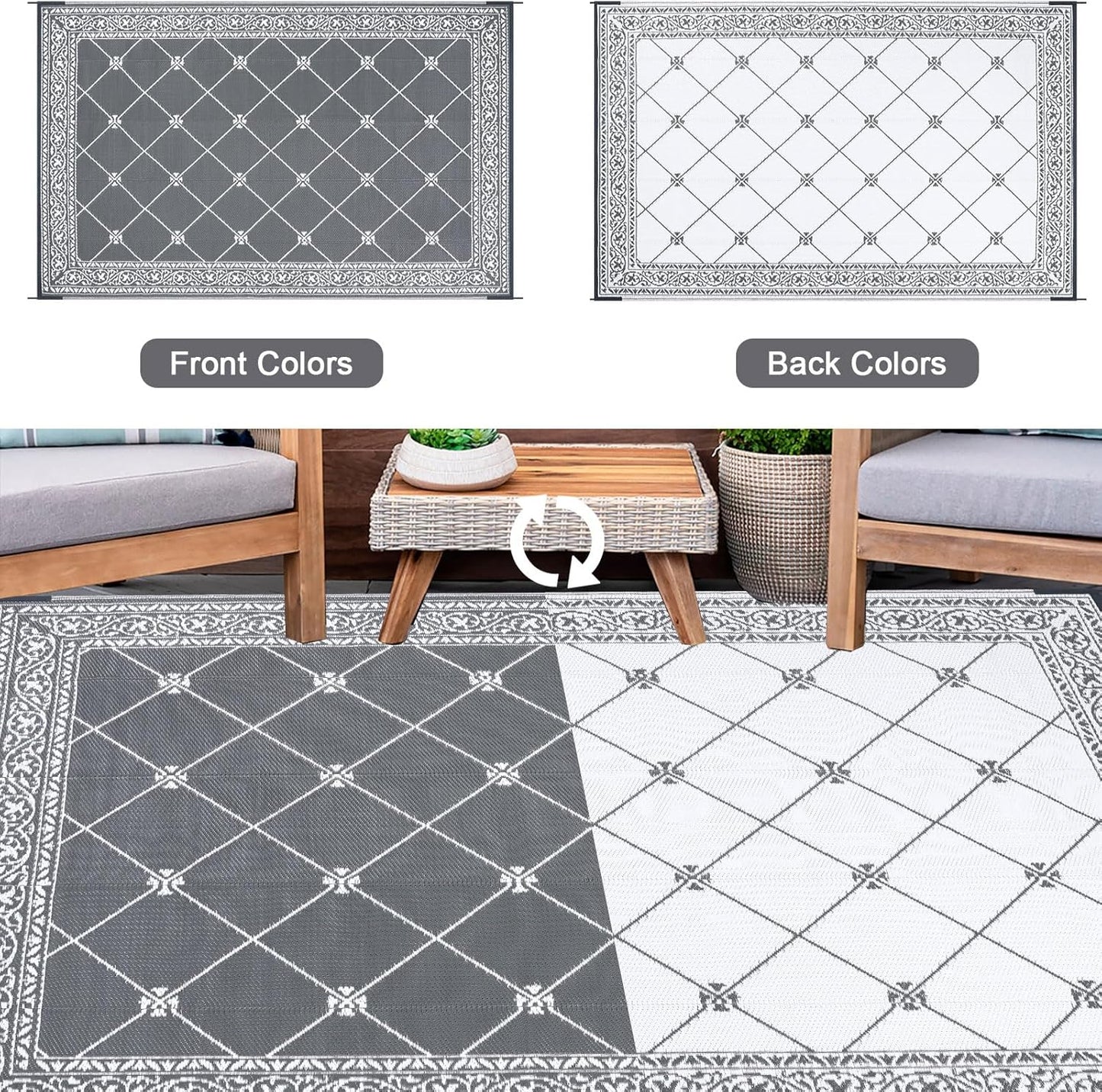 HiiARug Reversible Mats Outdoor Rug 6'x9' for Patio Plastic Straw Patio Rugs Outdoor Rugs Large Floor Mat for Ourdoor Decor,Garden, Patio, Backyard, Deck, Picnic, RV, Camping (Grey)