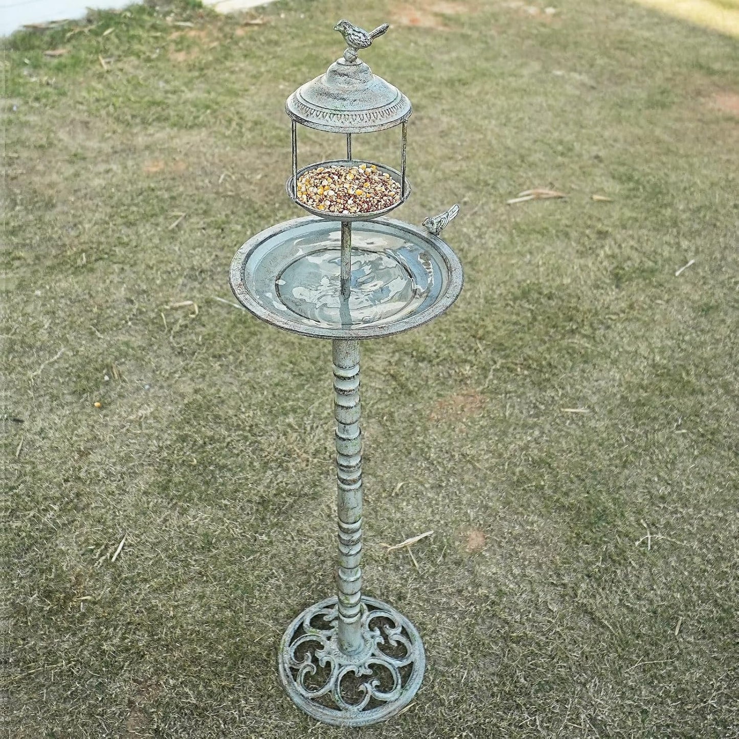 44.5" H Outdoor Metal Bird Bath Combo, Metal Bird Bath Bowl and Bird Feeder 2 in 1 Garden Yard Decoration