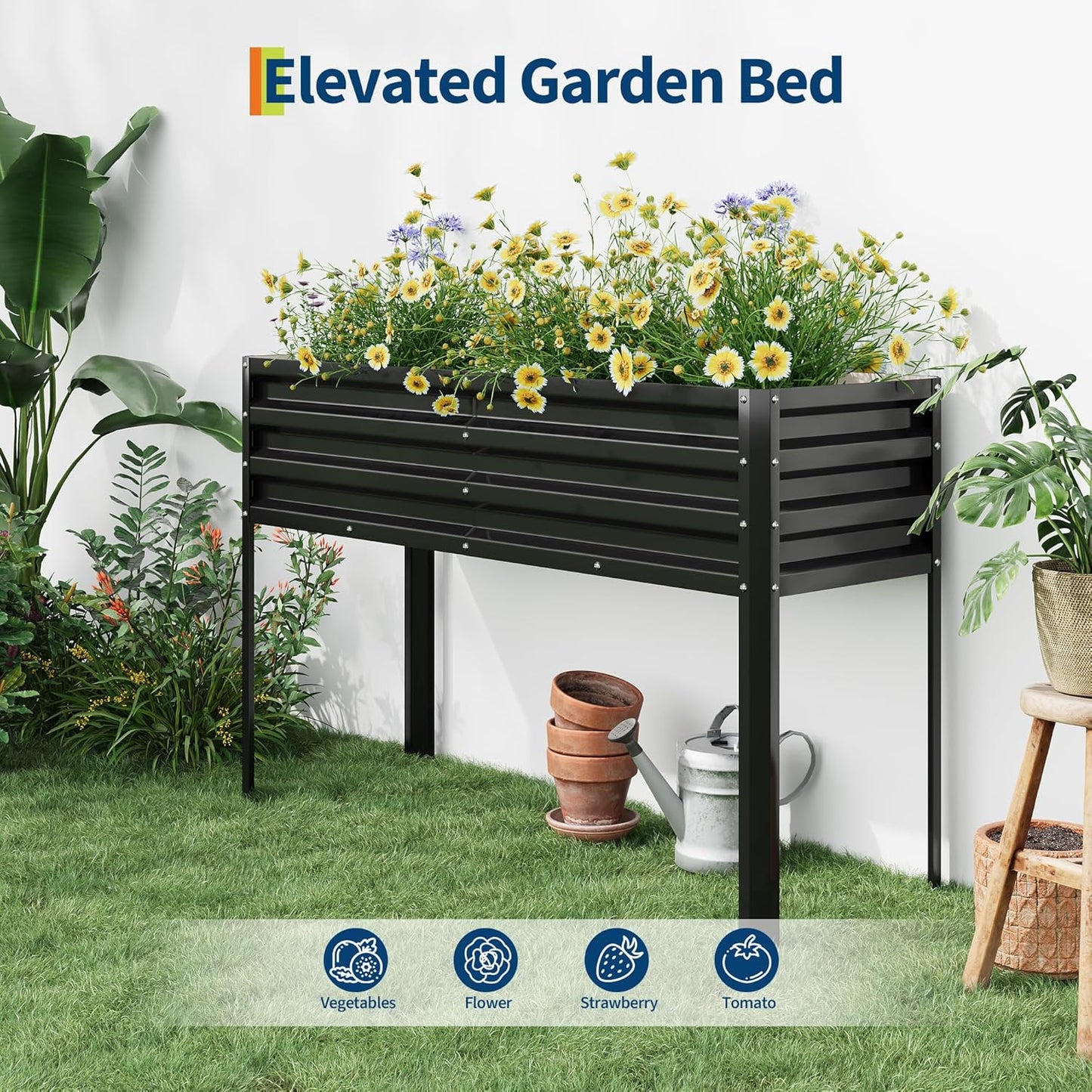 Galvanized Raised Garden Bed with Legs - 50×32×17In Metal Planter Box for Vegetables, Outdoor Raised Garden Beds Gardening, Durable Planter Raised Beds, Sturdy Planters for Outdoor Plants (Black)