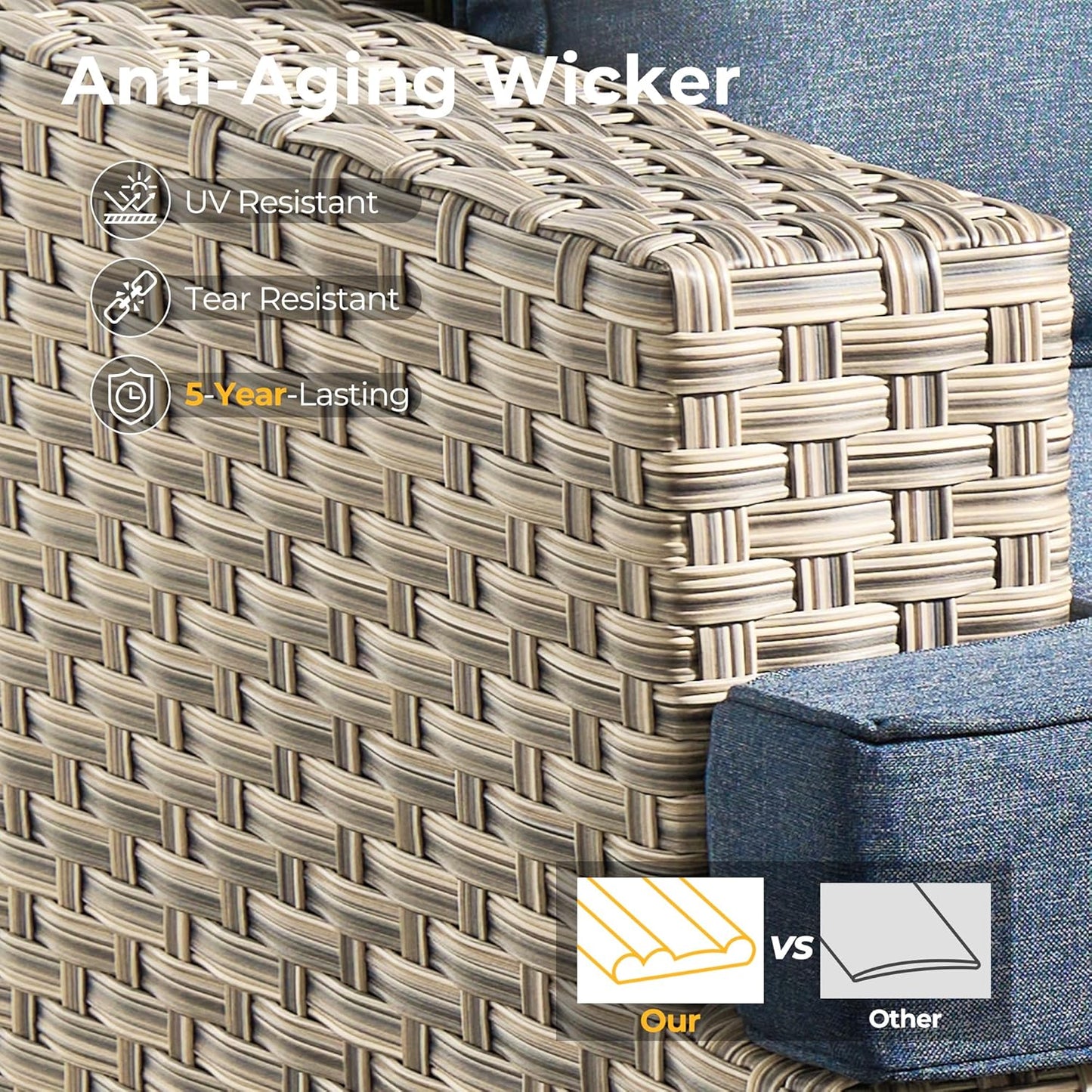 HOOOWOOO Outdoor Sectional Patio Furniture Set with Fire Pit Table,9 Pieces Wicker Conversation Sets,Extra Deep Out Door Sofa Outside Furniture Couch Swivel Chairs Ottoman,Denim Blue