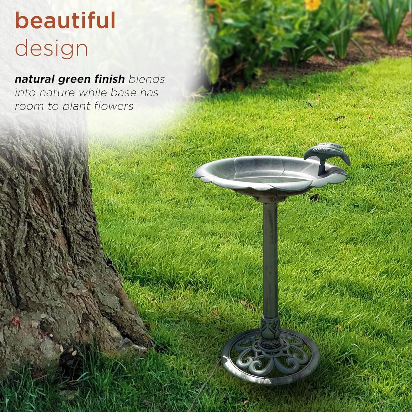 Alpine Corporation TEC114 31" Tall Outdoor Antique Flower Birdbath with Bird Decoration Yard Statue, Durable Polypropylene Construction for Patio, Deck, or Yard