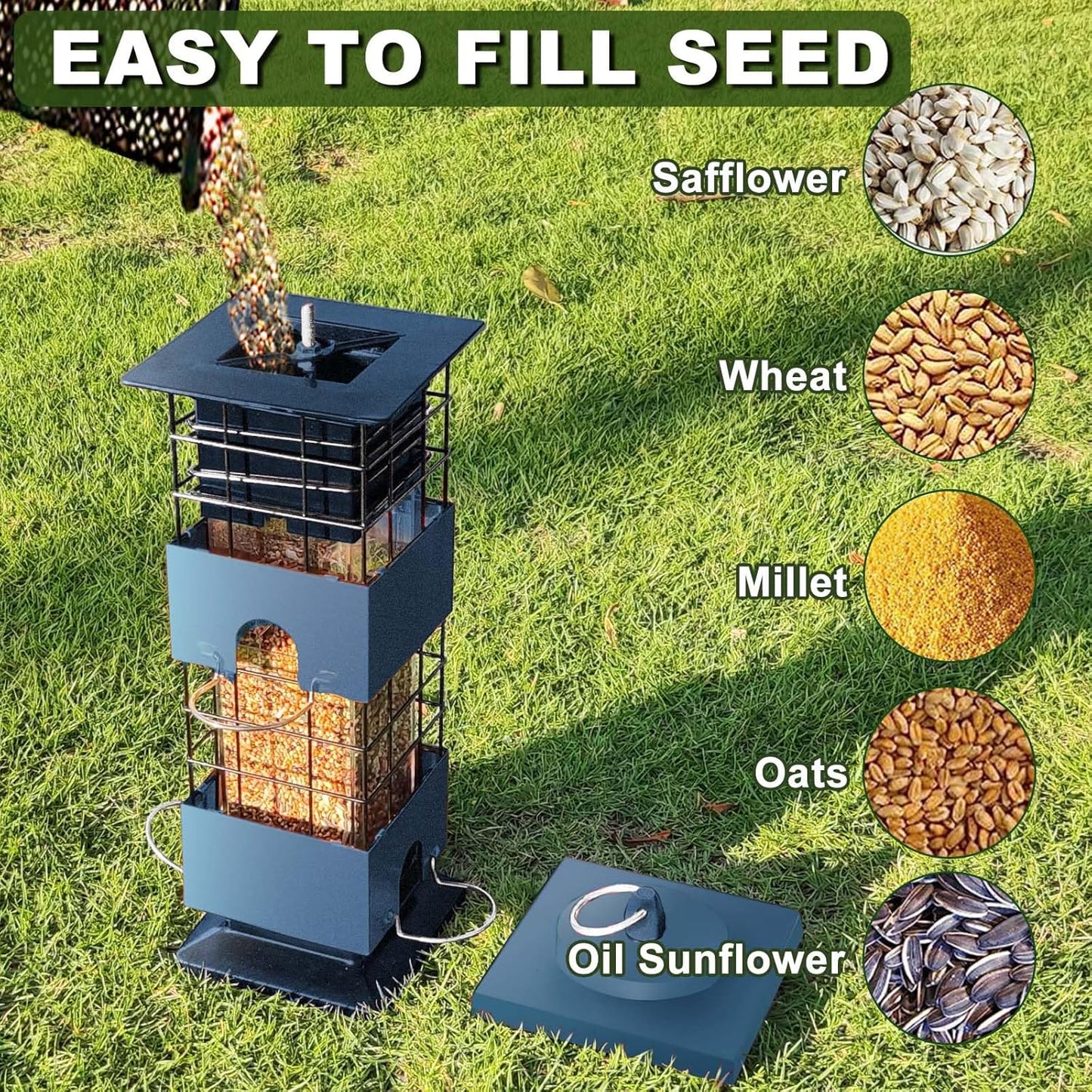 Bird Feeder 3LBS Metal Anti-Squirrel Wild Birdseed Feeder for Finch Cardinal Blue Jay Outdoors Hanging (Blue)