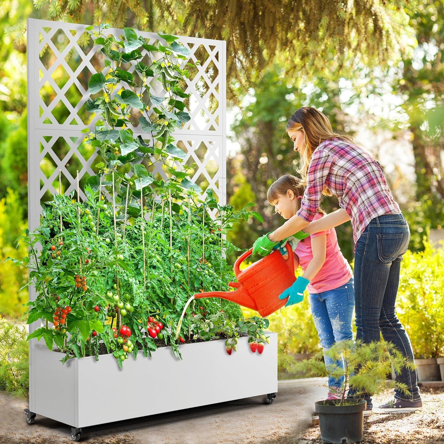 FENCY Metal Planter Box with Diamond Lattice Trellis Planter Box for Climbing Plants/Vines, Galvanized Raised Garden Bed On Wheels, Garden Bed with Trellis(73"x47" White)