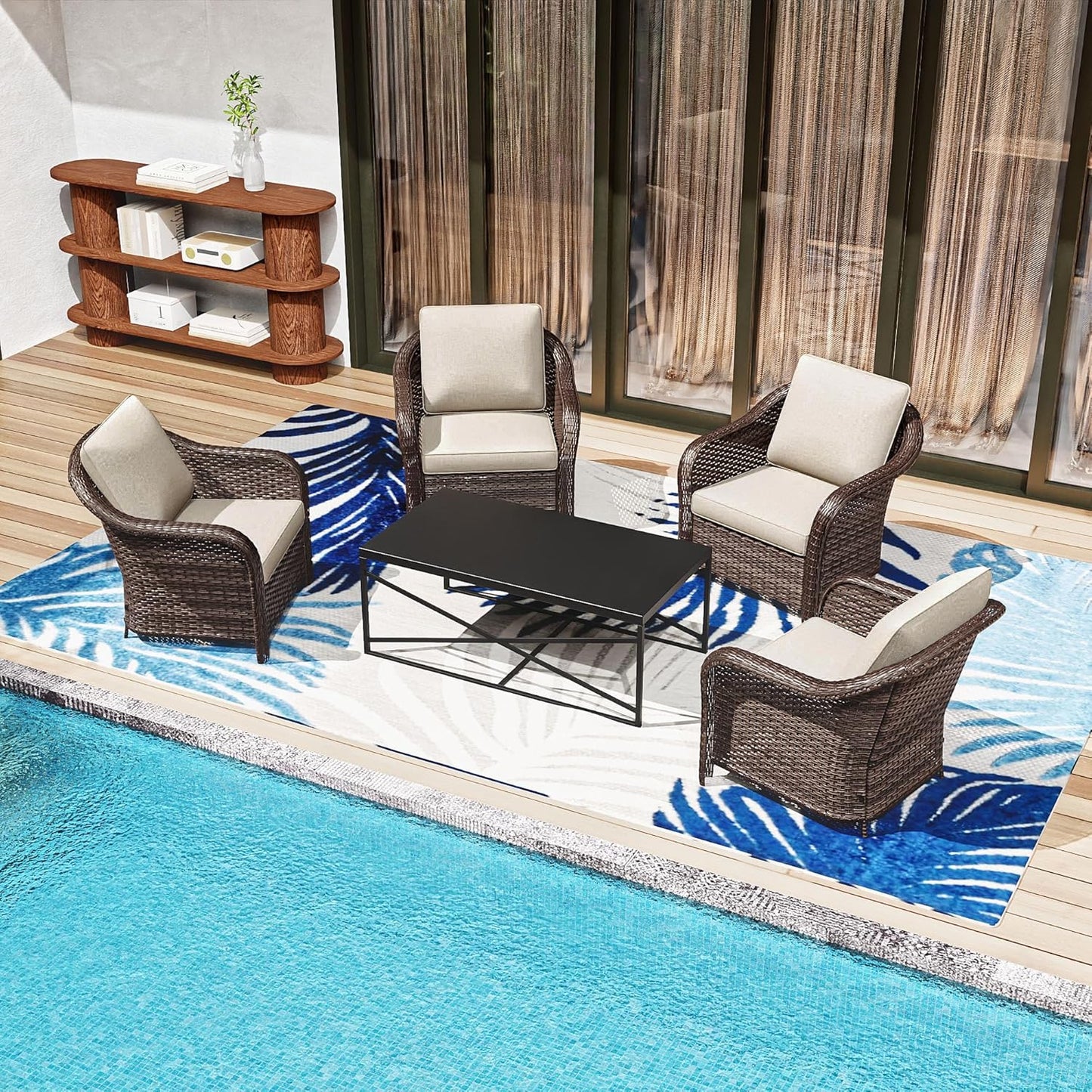 5 Pieces Outdoor Patio Conversation Furniture Set with Removable Covers, All-Weather PE Rattan, 4 Steel Frame Wicker Chairs with Cushions, 47" Metal Coffee Table for Yard (Beige)