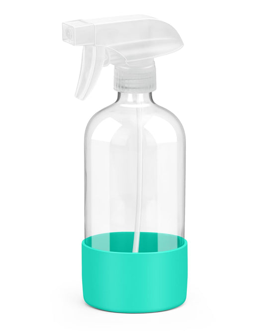 Glass Spray Bottles with Silicone Sleeve Protection, Empty 16OZ Reusable Spray Bottles, Refillable Containers with Spray Nozzles for Cleaning Solutions, Plants and Essential Oils 1 Pack Green