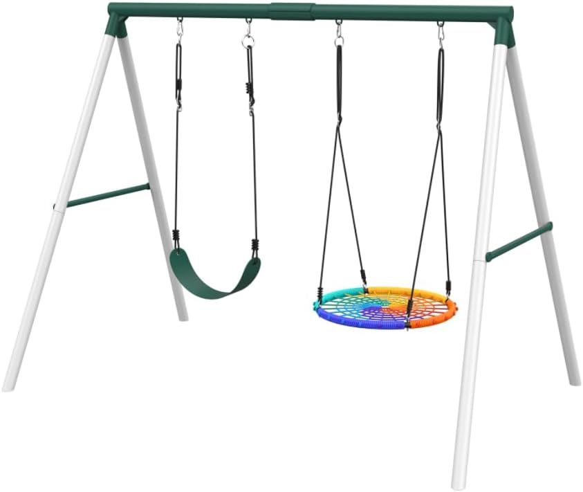 Hapfan 7.5ft Tall Swing Sets for Backyard, 500lbs Heavy Duty Swing Set for Kids and Adults with Spider Swing and Belt Swing, Outdoor Playground Sets for Backyards (Green and White)