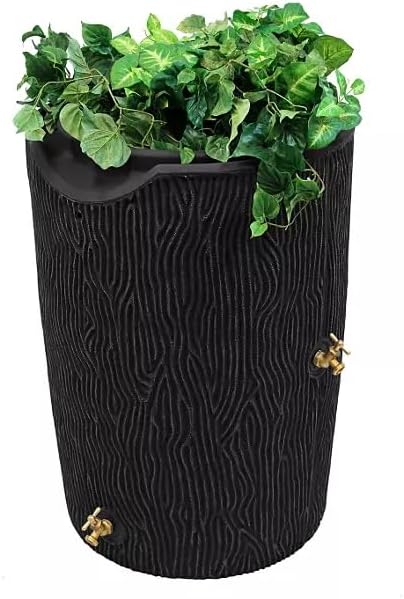Impressions Bark 50-Gallon Rain Barrel, Wood Grain Design, Decorative Water Collection Tank (Black)