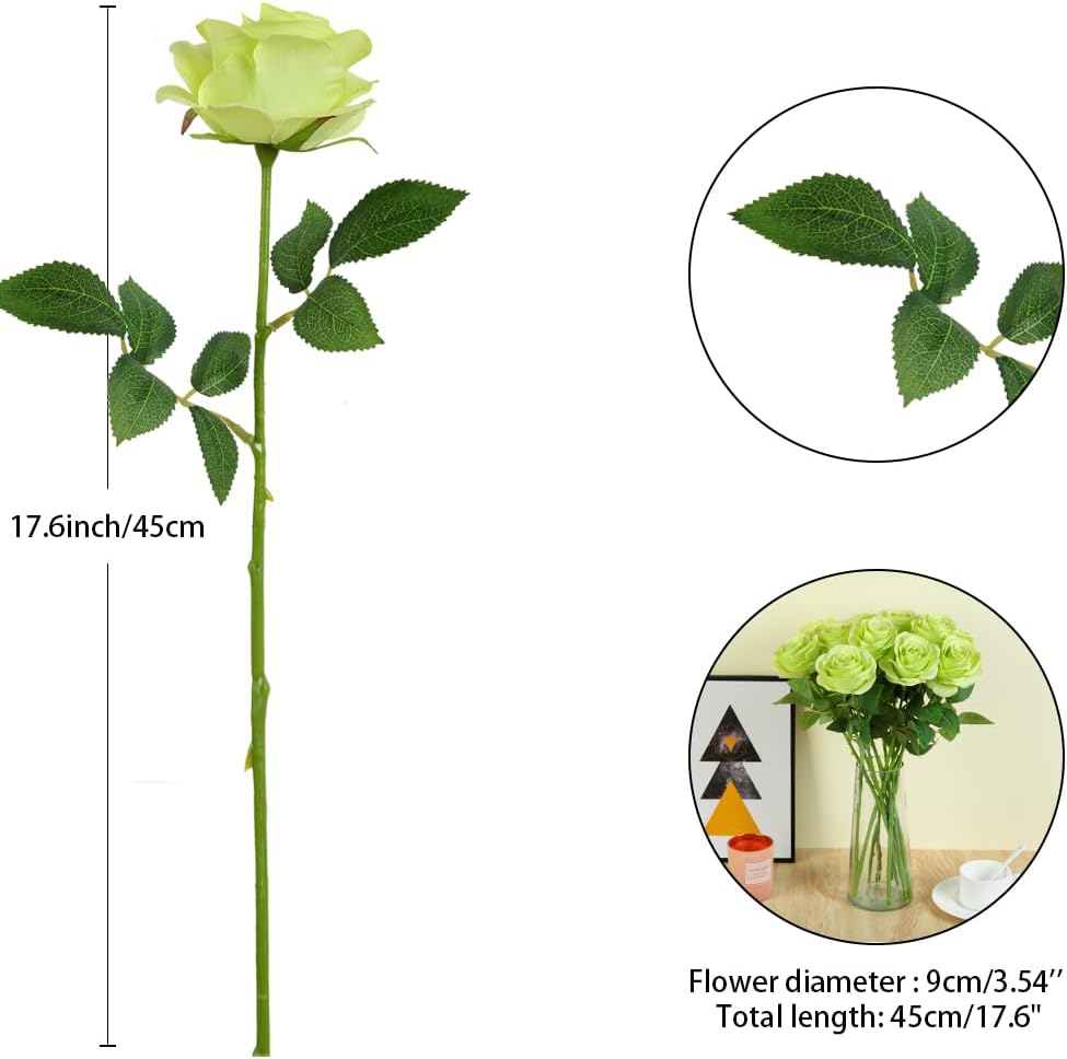 12pcs Roses Artificial Flowers Fake Roses Green Silk Roses White Silk Flowers Rose with Long Stems for Wedding Home Party Centerpieces Decorations