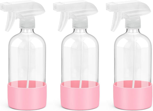 Glass Spray Bottles with Silicone Sleeve Protection, Empty 16 oz Refillable Containers, Reusable Spray Bottles with Adjustable Nozzle for Hair, Cleaning Solutions, 3 Pack Pink