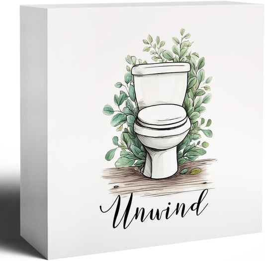 Unwind Funny Bathroom Wooden Box Sign, Eucalyptus Botanical Wood Signs for Restroom Bathroom Toilet Half Bath Shelf Counter Decor, 5x5 Inch