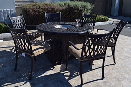 Grand Tuscany Outdoor Patio 7 pcs Round Fire Gas 52" Dining Set Dark Bronze Cast Aluminum Sunbrella Cushions