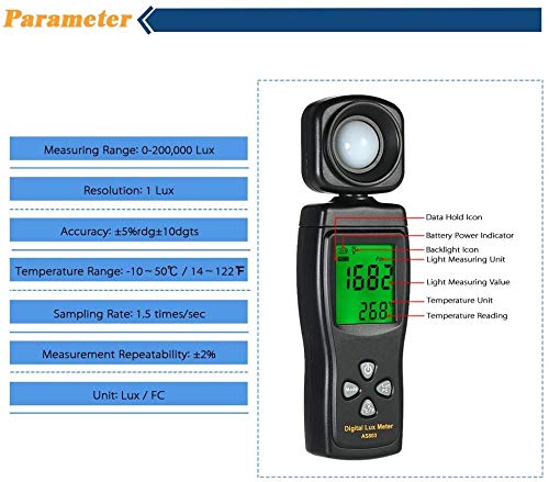 Digital Lux Meter, Illuminometer, Photometer, 0～200,000 Lux Measure Range, Lux/FC Unit Selection for Homes, Agriculture, Warehouses, Farms, Stage, Stadiums