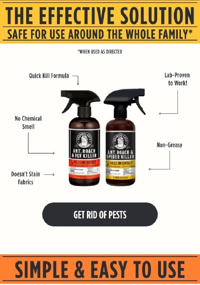 Grandpa Gus's Natural Ant Roach Spider Killer Spray, Fast-Acting Plant-Based Insect Control, Safe for Kids Pets, Indoor Outdoor Use, Non-Greasy, Fresh Scent, 16 fl oz
