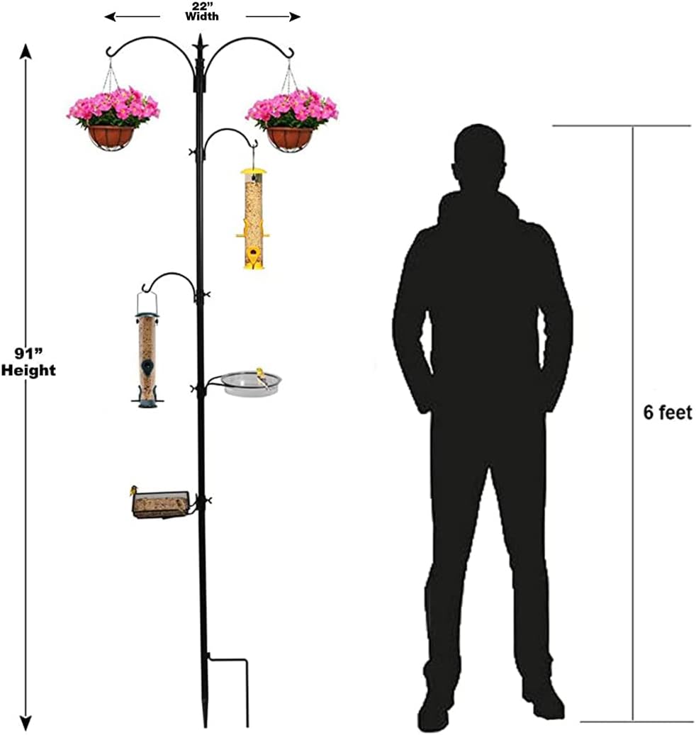 Premium Bird Feeding Station with 2 Bird Feeders Included for Outside - Multi Feeder Pole Stand Kit with 4 Hangers, Bird Bath and 5 Prong Base for Attracting Wild Birds - 22 Inch Wide x 91 Inch Tall