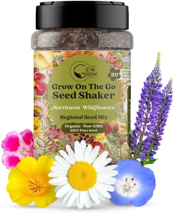 Geva Grow on The Go Seed Shaker - Northwest Wildflower Seeds Regional Mix - Organic, Non-GMO - 100% Pure Seed - 20 Different Wildflowers Seeds of Annual and Perennial, 2oz